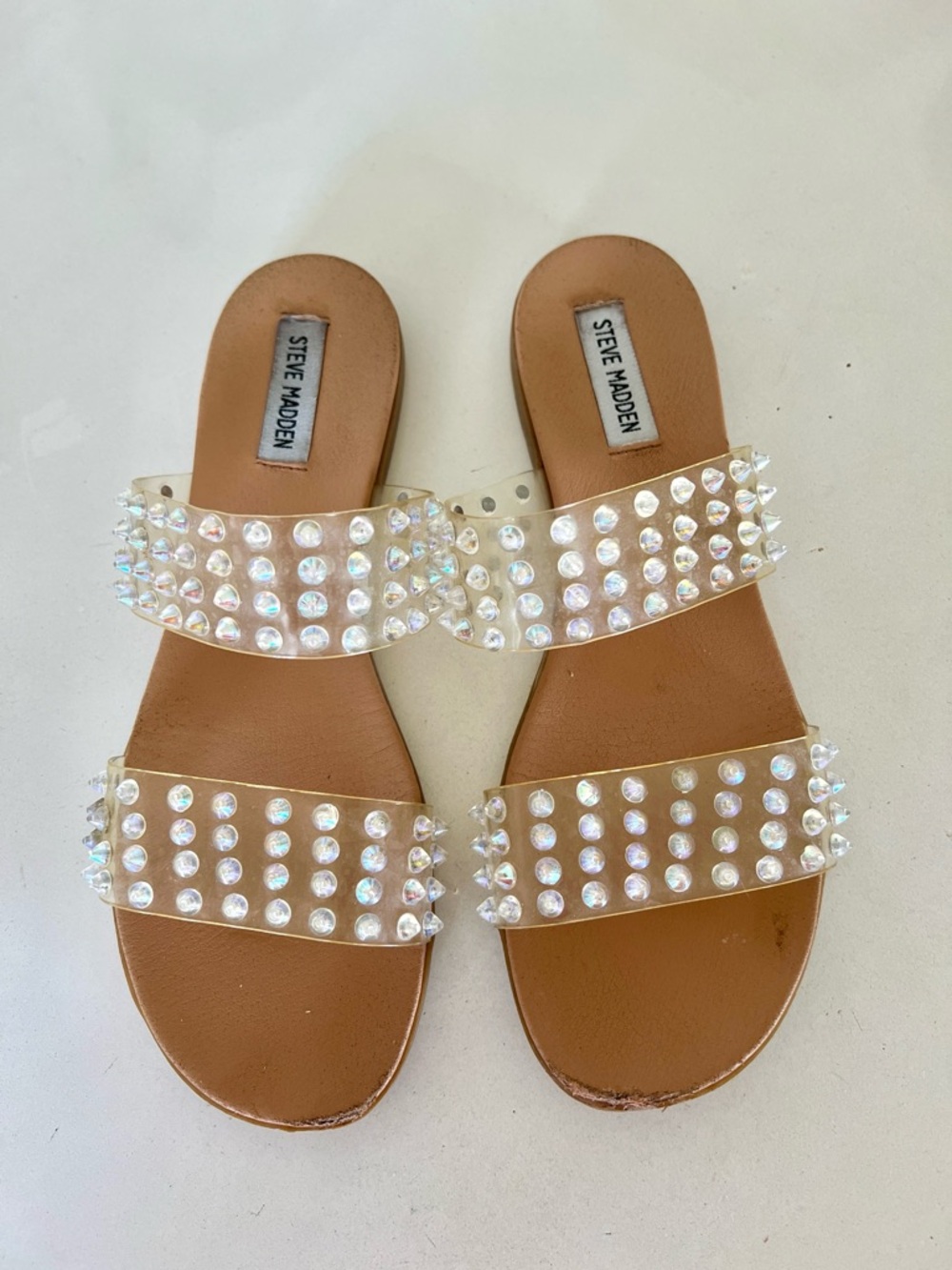 Steve Madden Clear Crystal Stud Two-Band Slide Sandals - Brown